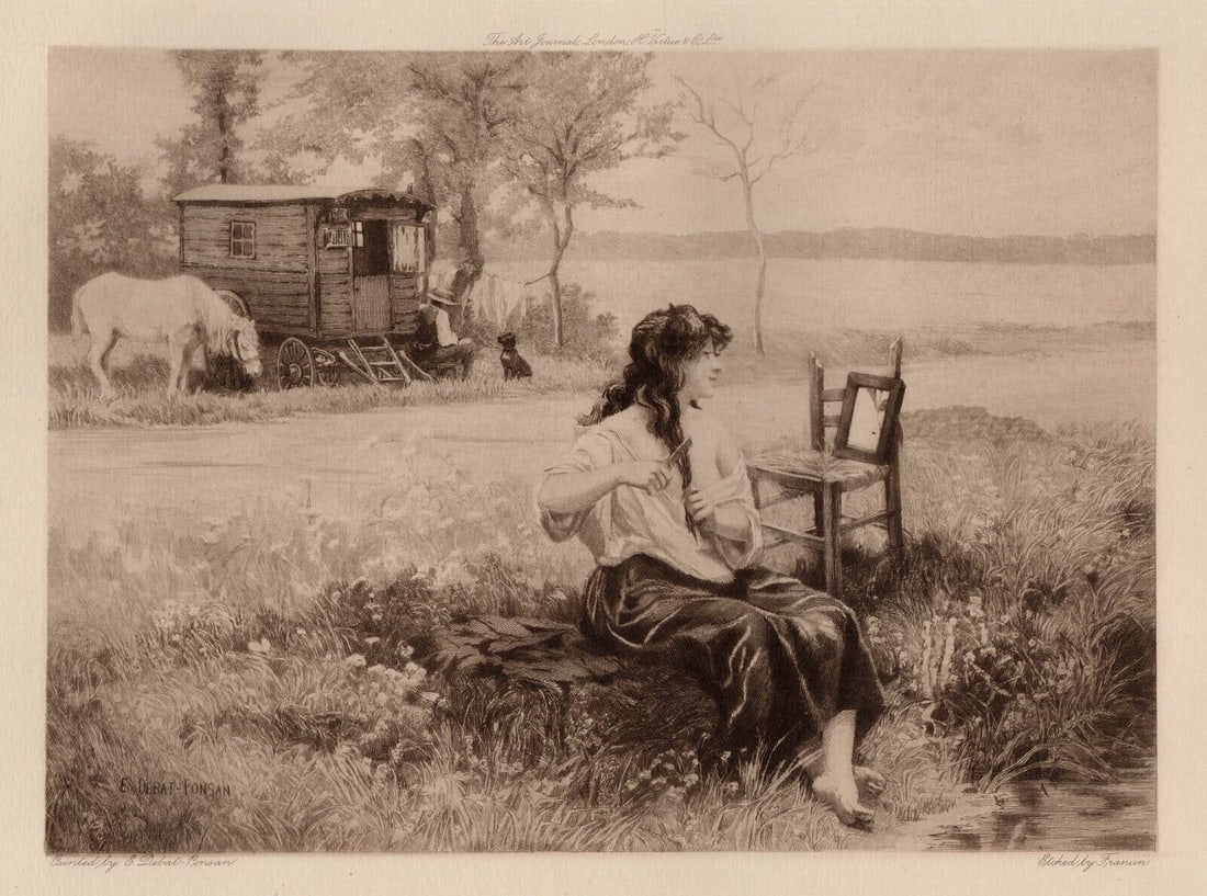 Edouard Debat-Ponsan EtchingIn In the Open Air Signed FRAMED: Edouard Debat-Ponsan (French, 1847 - 1913). The Gypsy in the Toilet (La Gitane a la Toilette) (En Plein Air). Antique etching on wove paper after the original painting by a master etcher Francin
