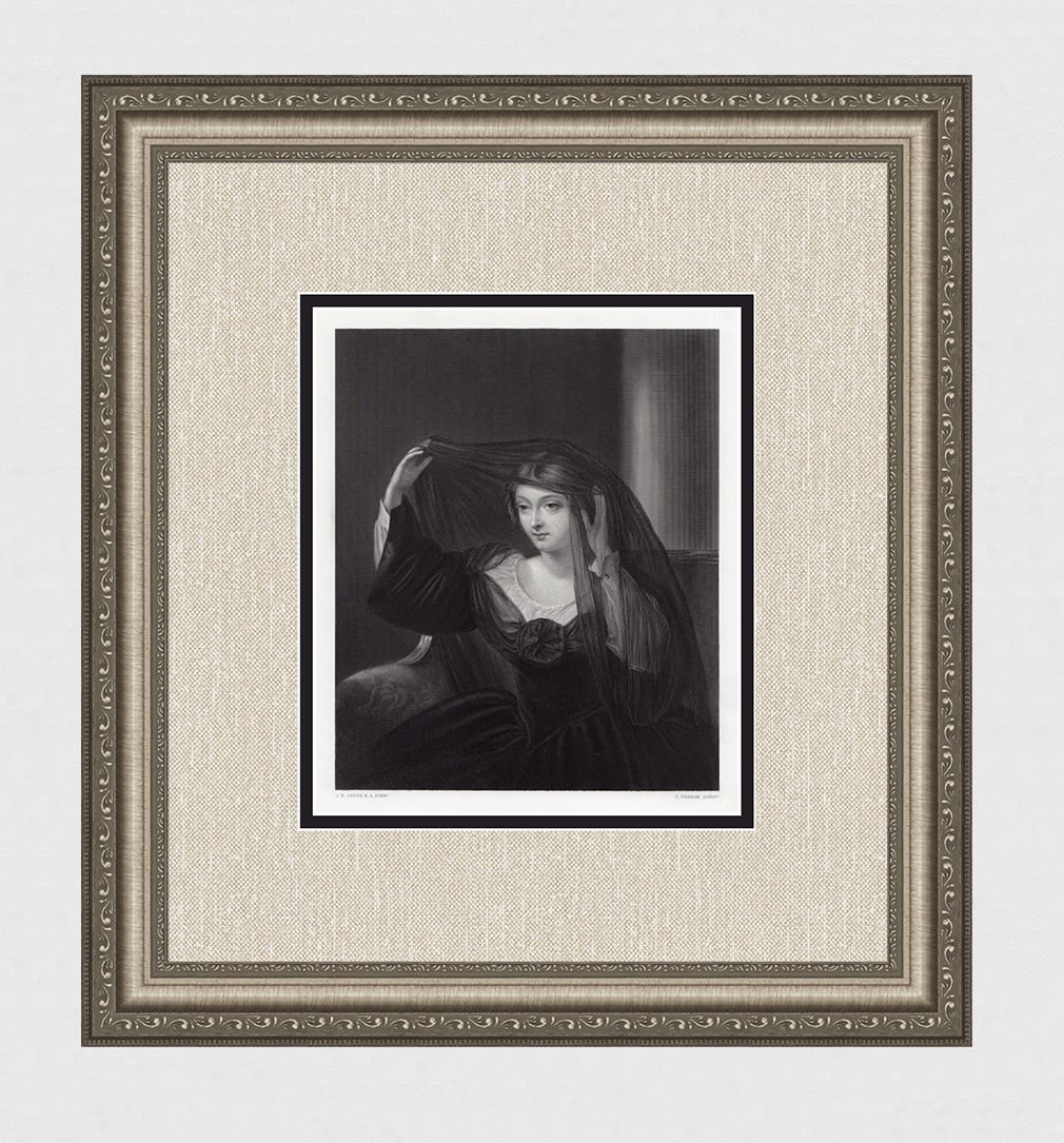 Charles Robert LESLIE 1800s Engraving Olivia lifting her Veil SIGNED Framed: Charles Robert Leslie (English, 1794 - 1859). Olivia. Antique engraving on wove paper after the original oil on panel by master engraver Thomas Vernon (English, 1824? - 1872). Year: 1863. Signed in th
