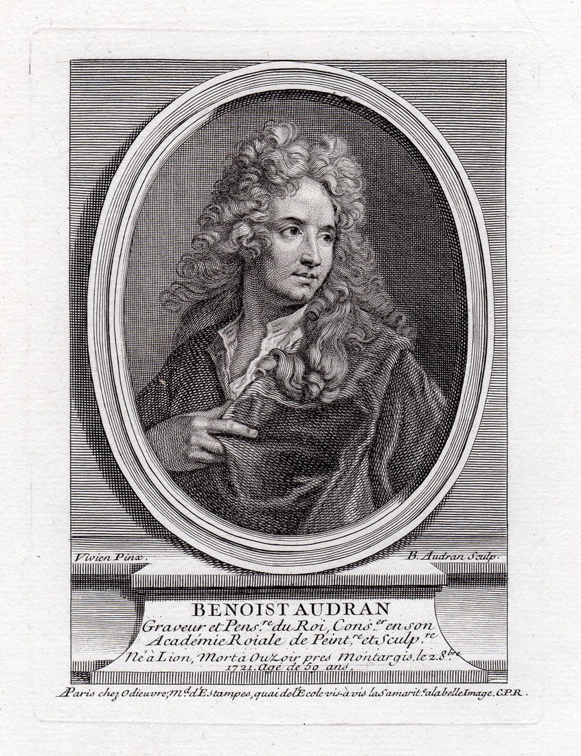 Joseph Vivien Benoist Audran 1738 Antique Engraving signed: Joseph Vivien. (French, 1661-1721). Benoist Audran. Steel Engraving on Laid Paper after the original painting by Master Engraver Benoit Audran (French, 1698-1772). 1738. Signed in the plate.