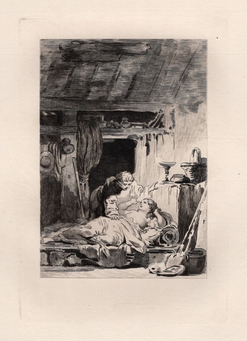 Jean-Honore Fragonard Limited 1800s Etching Le Diable en Enfer Framed: Jean-Honore Fragonard (French, 1732 - 1806). The Devil in Hell (Le Diable en Enfer) (from Conte de La Fontaine). Antique etching on laid paper after the original by master engraver Adolphe Martial Pot