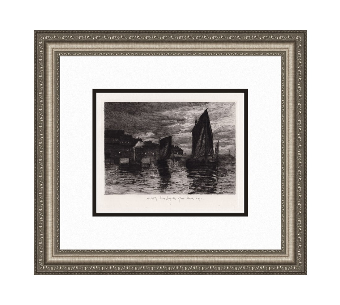 1879 David Law Whitby Harbour etching signed: David Law. (Scottish, 1831-1901). Whitby Harbour. Antique Etching on laid paper after the original by master etcher Leon Richeton (English, 1854-1934). 1879. Signed in the plate center. Excellent.