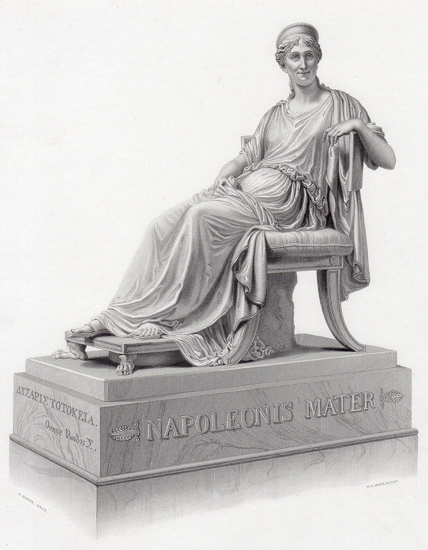 1852 Antonio Canova Historic Engraving "Napoleon's Mother" Framed: Antonio Canova (Italian, 1757 - 1822). Napoleon's Mother. Antique engraving on wove paper after the original marble sculpture by master engraver William Henry Mote (English, 1803-1871). year: 1852. Si