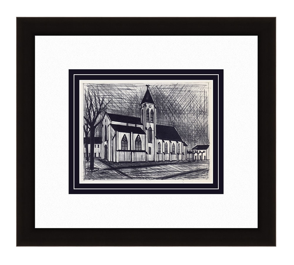 Bernard Buffet The Church 1967 lithograph: Bernard Buffet. (1928-1999). The Church. Color Lithograph on Wove Paper after the Original. 1967. Excellent. Atelier Mourlot. Image Size 7 1/8 x 8 3/4 inches. Approximately 16 x 17 inches . Gallery Ma