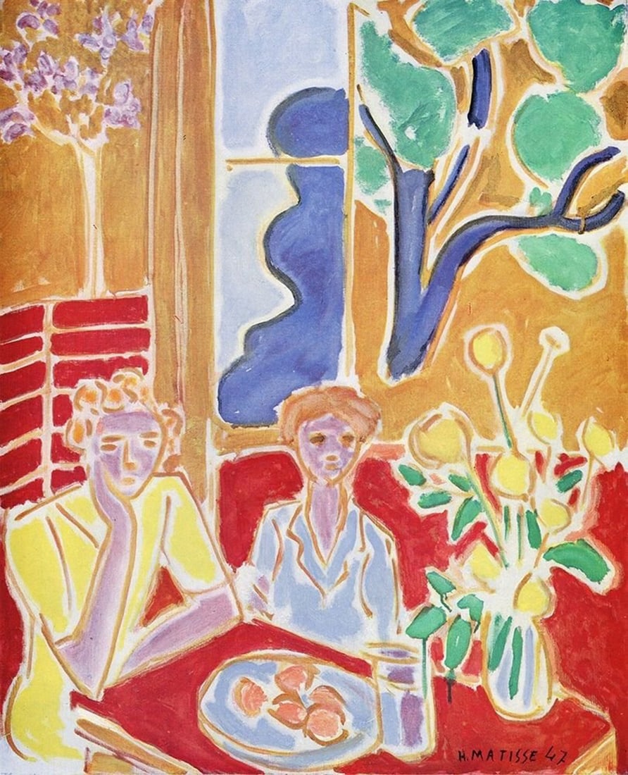 1948 MATISSE Antique Color Print Two Girls Gallery Framed: Henri Matisse. (1869-1954). Two Girls,Yellow and Red Background (Deux Fillettes, Fond Jaune et Rouge). Color Heliogravure after the Original Oil on Canvas. 1945. Signed in the Plate. Excellent. Teriad