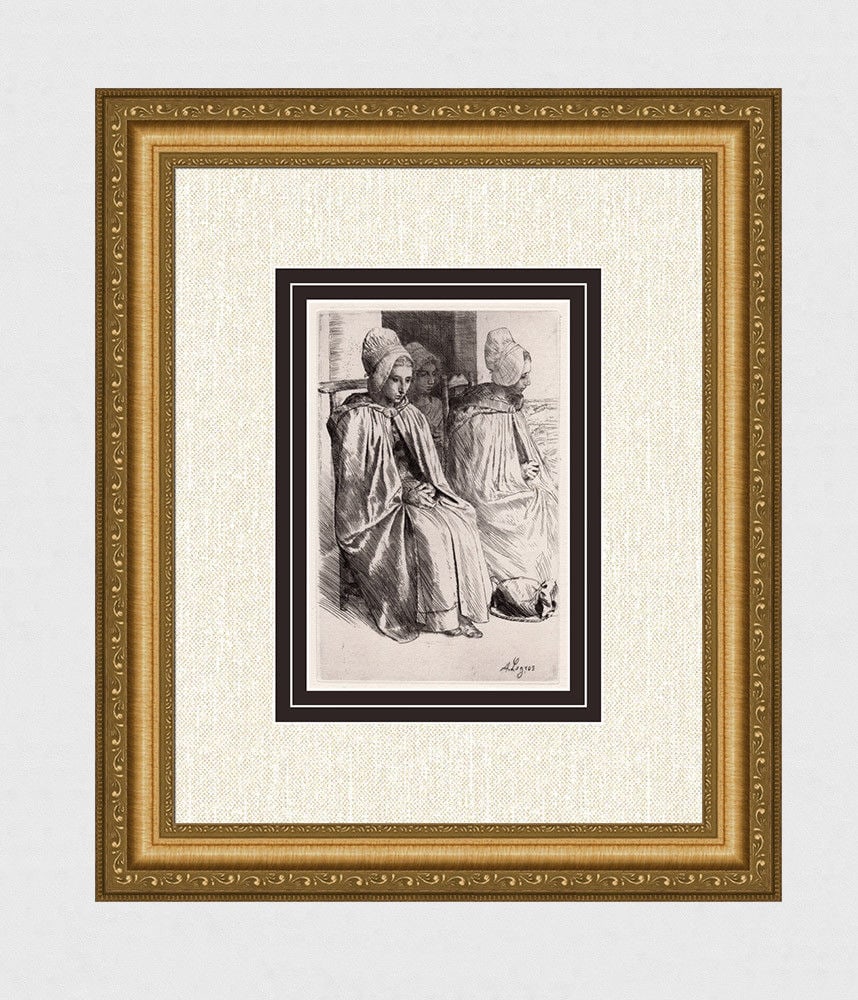 1873 Alphonse Legros Peasant Woman in the Neighbourhood of Boulogne etching signed: Alphonse Legros. (French, 1837-1911). Peasant Woman in the Neighbourhood of Boulogne. Antique etching on thick laid paper. 1873. Signed in the plate. Excellent. Image size 5 3/4 x 9 1/8 inches. Approx
