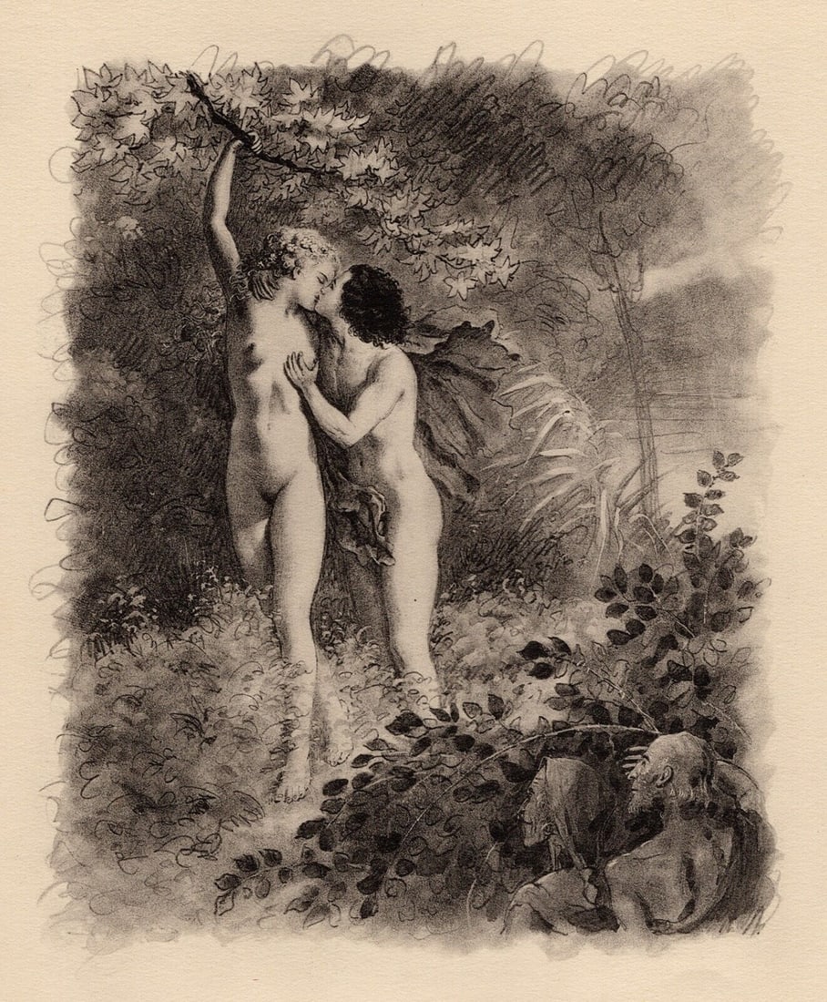 Original 1947 Paul-Emile Becat Nude Limited Lithograph Thirteenth Kiss Framed: Paul-emile Becat (French, 1885 - 1960). Thirteenth Kiss, The Jealous Trumps I (Treizieme Baiser, Les Jaloux Trompes I). Original lithograph on Chiffon Renage paper. Year: 1947. Numbered limited editio