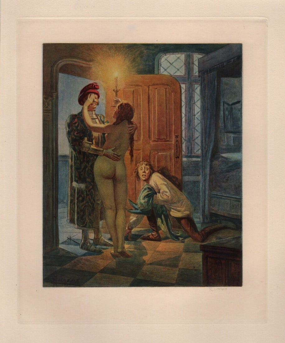 FRAMED Edmond Malassis Limited NUDE Engraving The Sneaky Wife SIGNED: Edmond Malassis (French, 1874 - 1944). The Distraction (La Distraction I) (Cent Nouvelles Nouvelles). Vintage color engraving on Velin paper after the original by master engraver R. Lorrain. Year: 193