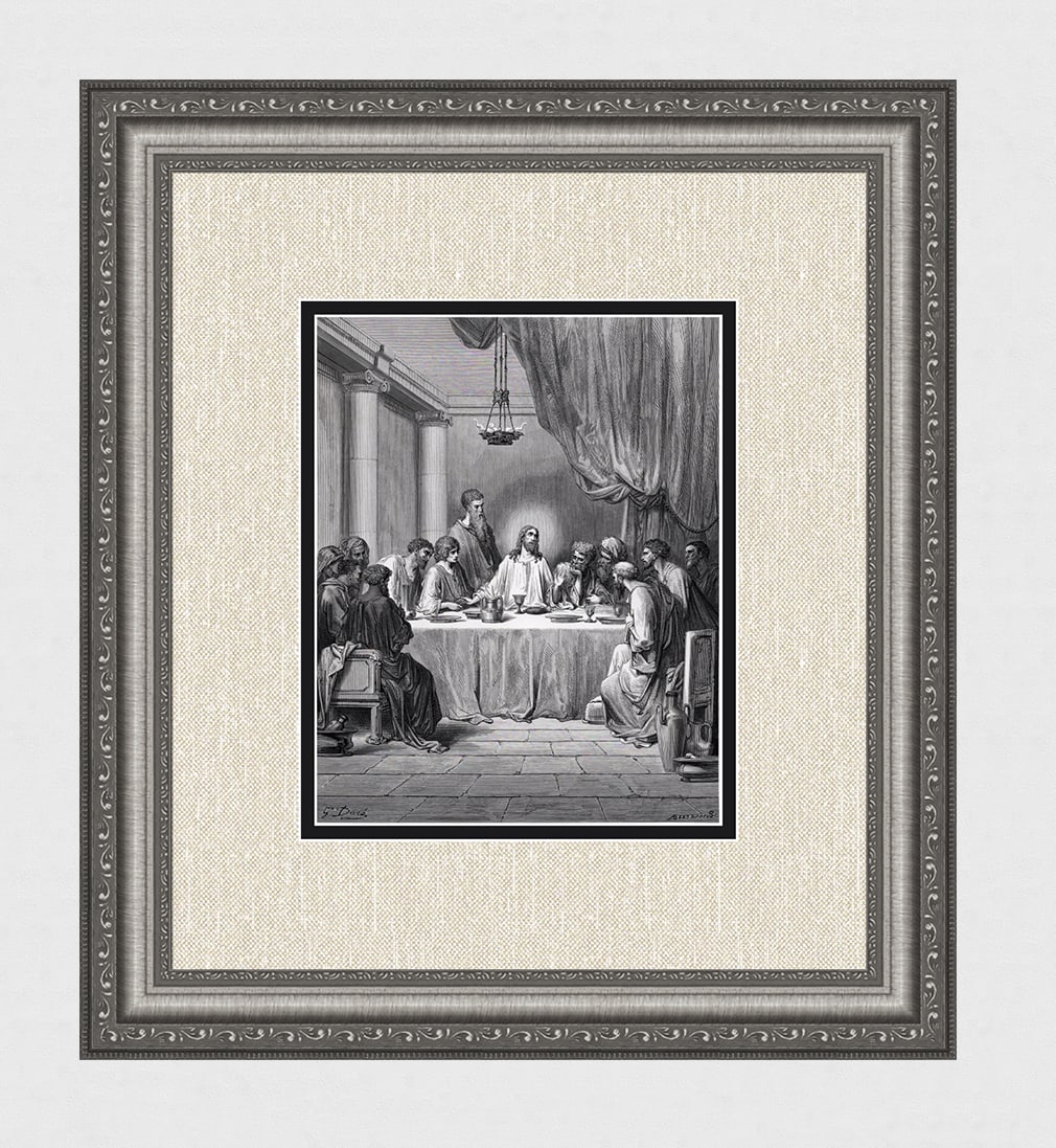 Gustave Dore 1800s Woodcut Jesus Institutes the Lord?s Supper SIGNED FRAMED: Gustave Dore (Paul Gustave Louis Christophe Dore) (French, 1832-1883).The Last Supper, Judean ministry (From Dore's Bible). Antique woodcut wove paper after the original by a master wood engraver Anto
