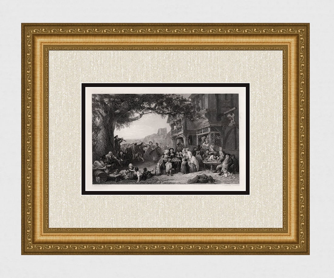 Frederick GOODALL SIGNED 1800s Engraving THE TAVERN FEAST Framed: Frederick Goodall (English, 1822 - 1904). The Village Festival. Antique steel engraving on wove paper after the original by master engraver James Carter (British, 1798-1855). Signed in the plate. Year