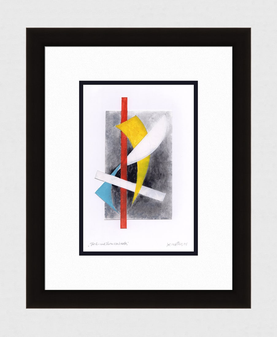 Mathis Original Gouache Color and Shape Contrasts Framed Swiss: Josef Johann Mathis (Joe Mathis, 1913 - 2002; Swiss). Color and Shape Contrasts (Farb- und Formkontraste). Original Gouache mixed media with collage on paper. Year: 1993. Hand signed and dated in penc