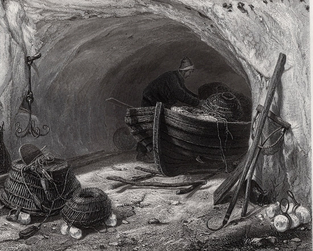 Edward William Cooke 1800s Engraving The Fisherman FRAMED SIGNED: Edward William Cooke (British, 1811-1880). The Fisherman's Cave. Antique engraving on thick wove paper after the original by master engraver Samuel Bradshaw (British, 1832-1880 fl.). Signed in the pla