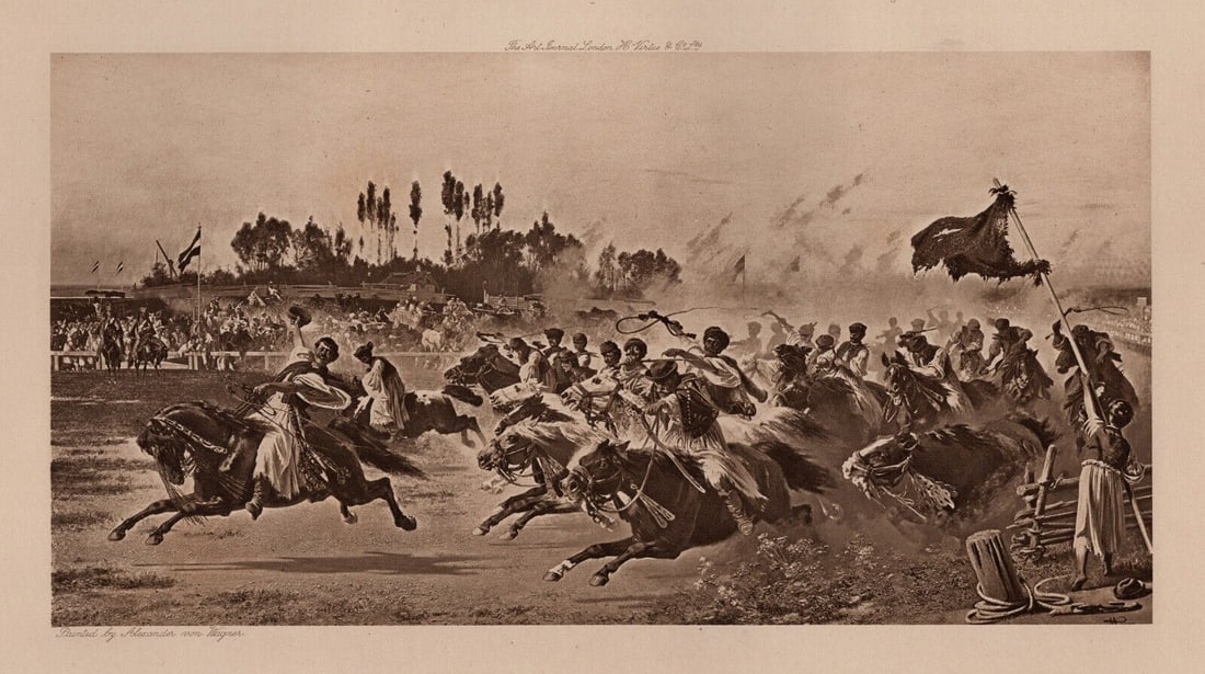 Alexander von Wagner Antique Print Czechs Racing at Debreczin FRAMED Signed: Alexander von Wagner (Hungarian, 1838 - 1919). Czechs Racing at Debreczin. Antique heliogravure on wove paper after the original by a Master Engraver. Year: 1901. Image Size 5 1/4 x 9 7/8 inches. Fram