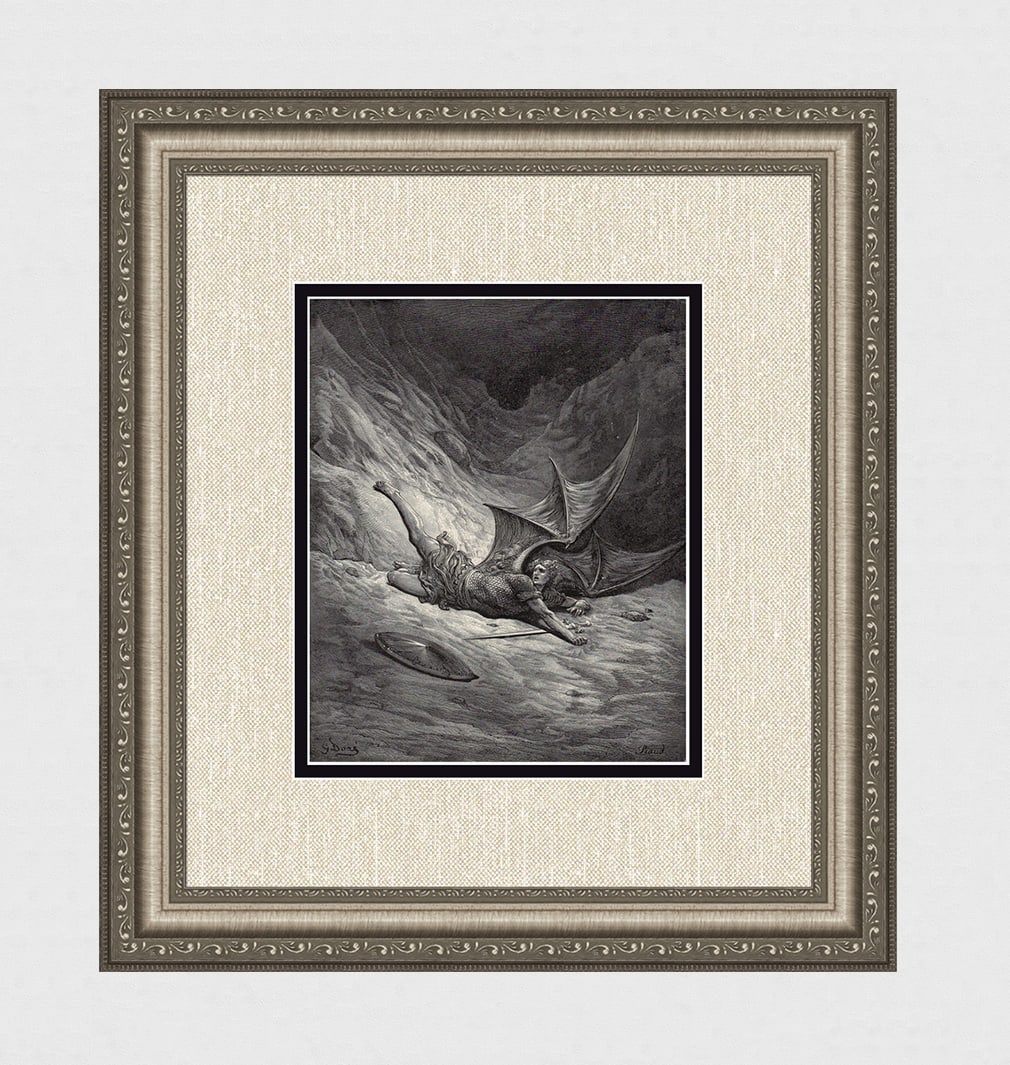 Gustave Dore Satan (Milton's Paradise Lost) c. 1880 Woodcut Signed: Gustave Dore (Paul Gustave Louis Christophe Dore) (French, 1832-1883). Satan first feels Pain (Milton's Paradise Lost). Antique woodcut wove paper after the original by master wood engraver Antoine Al