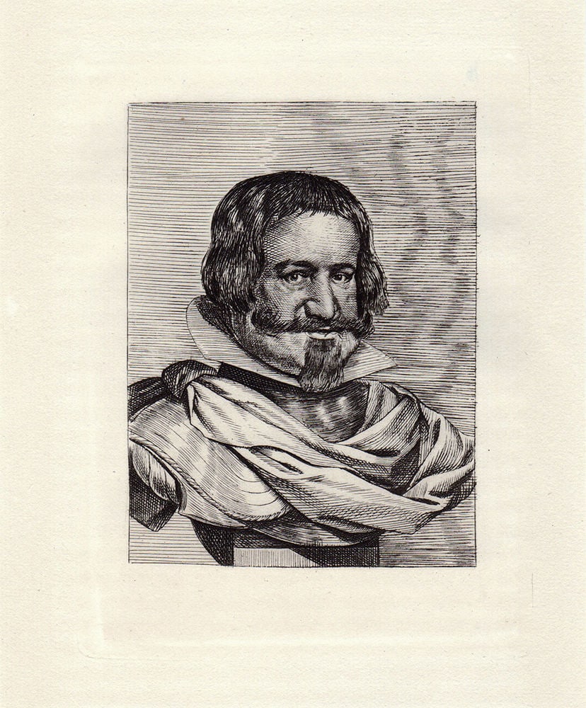 Diego Velazquez Duke of Olivares c. 1880 etching: Diego Velazquez. (Velaquez) (Diego Rodriguez de Silva y Velazquez) (Spanish, baptized 1599-1660). "Duke of Olivares". Hand Pulled copper plate etching on laid paper after the 1600's original by master