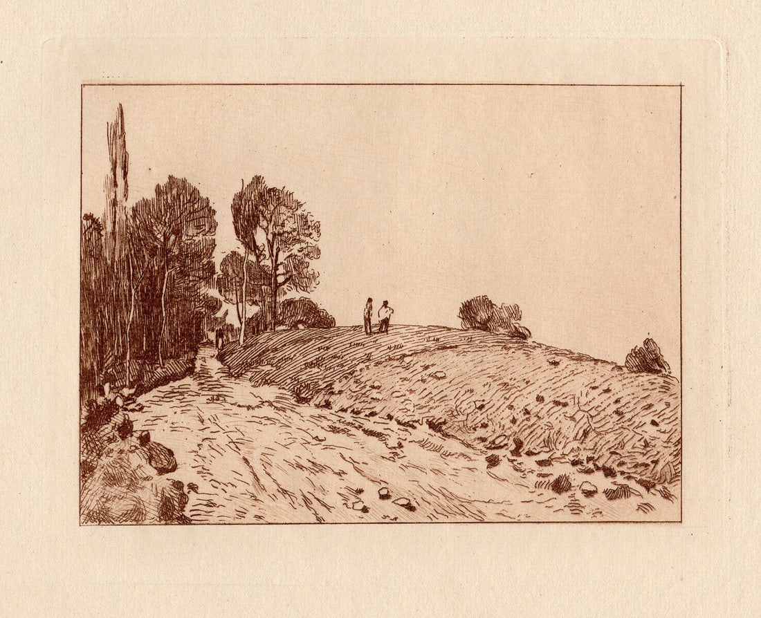 Alfred Sisley 1892 Etching Landscape in Louveciennes: Alfred Sisley (1839 - 1899). Paysage in Louveciennes (Landscape in Louveciennes). Hand Pulled Copper plate etching with drypoint, printed in Sepia ink, on cream laid paper after the original by August