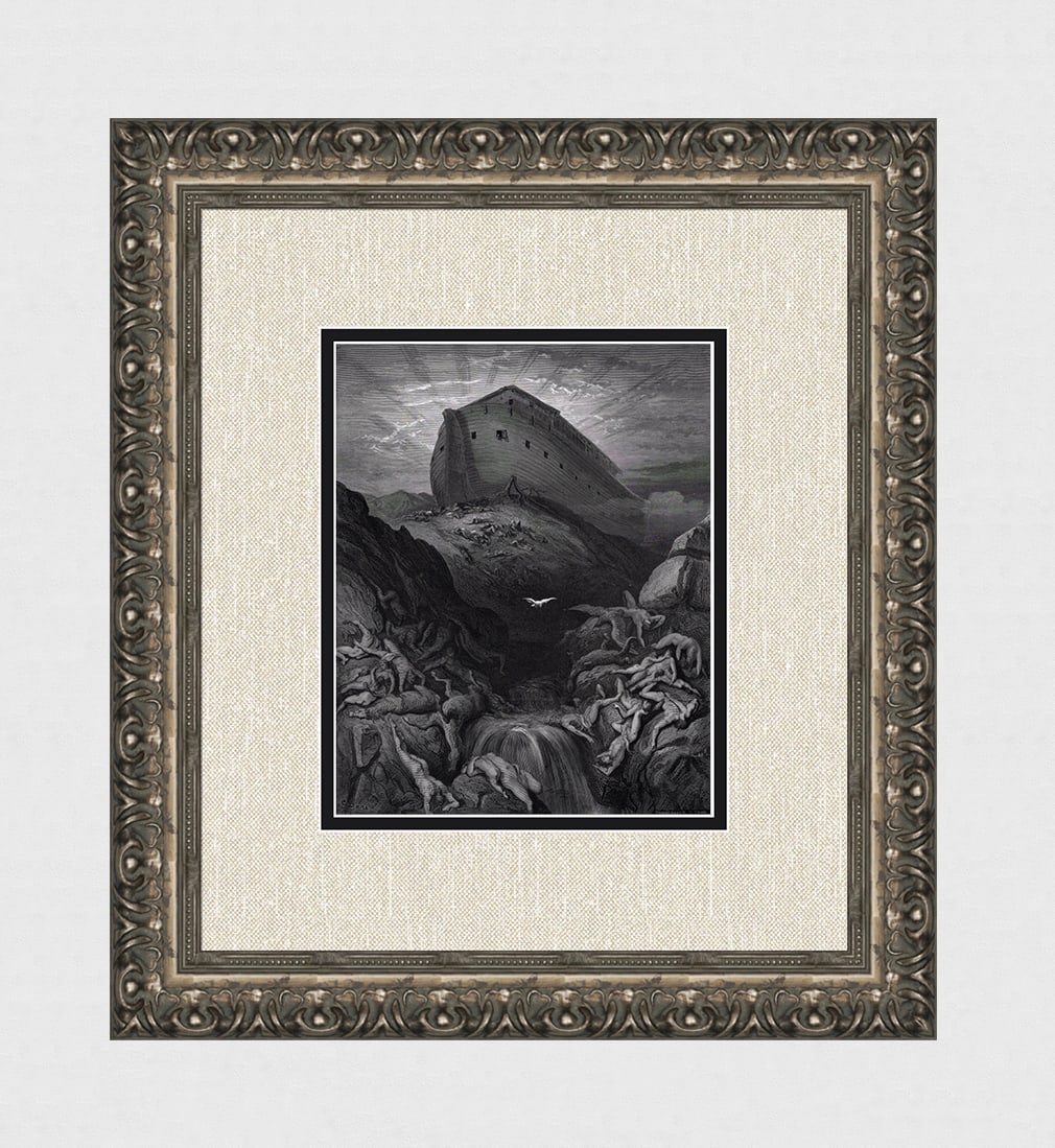 Gustave Dore 1800s Religious Wood Engraving NOAH?S DELIVERANCE Framed SIGNED: Gustave Dore (Paul Gustave Louis Christophe Dore) (French, 1832-1883). The Dove Sent Forth From The Ark (From Dore's Bible). Antique Wood Engraving wove paper after the original by master wood engrave