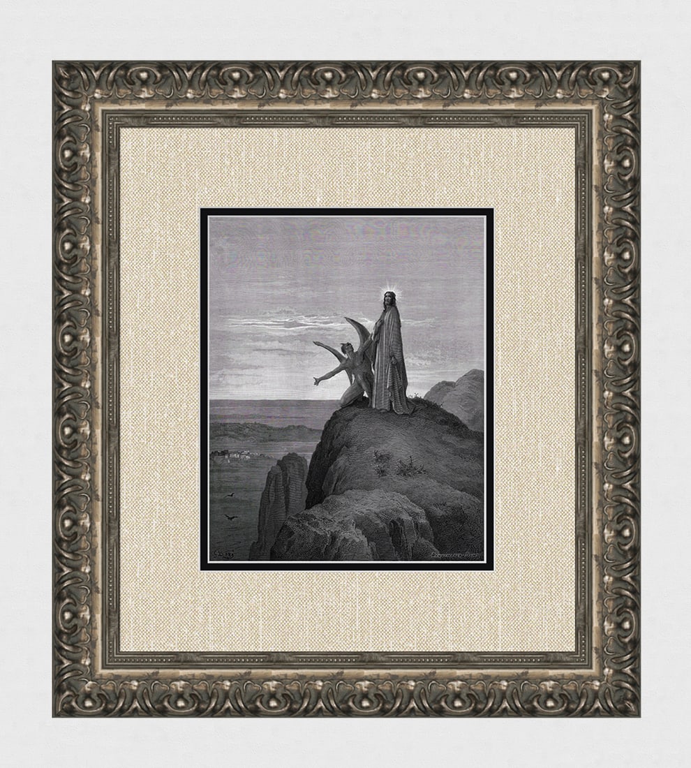 1800s Gustave Dore SIGNED Religious Woodcut THE TEMPTATION OF JESUS Framed: Gustave Dore (Paul Gustave Louis Christophe Dore) (French, 1832-1883). The Temptation of Jesus (from Dore's Bible). Antique woodcut wove paper after the original by a master wood engravers Adolphe Fra