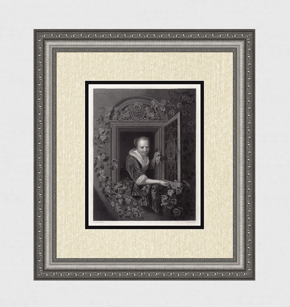 1800s GERRIT DOU Engraving "Girl at the window with Grapes" SIGNED Framed: Gerrit Dou (Dutch, 1613-1675). A Girl in a Window with a Bunch of Grapes. Antique engraving on heavy wove paper after the original oil on panel by master engraver Gustave Levy (French, 1819-1894). Yea