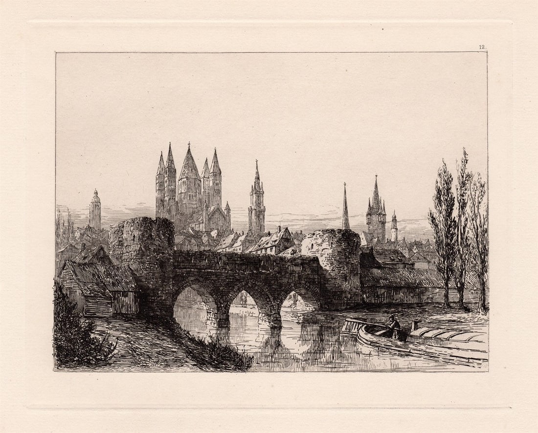 Sir Ernest George Tournai. Ancient Bridge and City Wall 1877 etching: Sir Ernest George. (English, 1839-1922). Tournai. Ancient Bridge and City Wall. Antique hand pulled copper plate etching on laid paper. 1877. Excellent. Image size 7 x 8 3/4 inches. Framed dimensions 