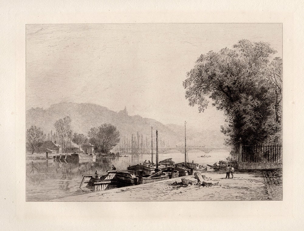 1876 Alfred Louis Brunet-Debaines On the Seine Near Rouen etching signed: Alfred Louis Brunet-Debaines. "On the Seine Near Rouen". Copper plate etching on laid paper . 1876. Signed in the plate lower right. Excellent. Image Size 5 3/4 x 8 1/2 inches. Approximately 14 x 16 i