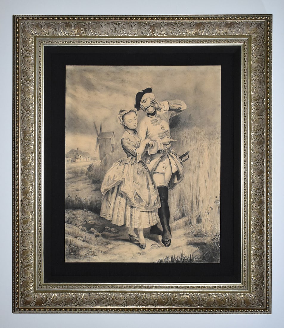 19th Century Ferier Original Charcoal The Lovers Framed Signed: G. Ferier. The Lovers (Evening Stroll). Original Charcoal drawing on wove paper. Early 1800's. Image size 11 3/4 x 15 inches. Framed dimensions 19 3/4 x 22 3/4 inches. This stunning original is floate