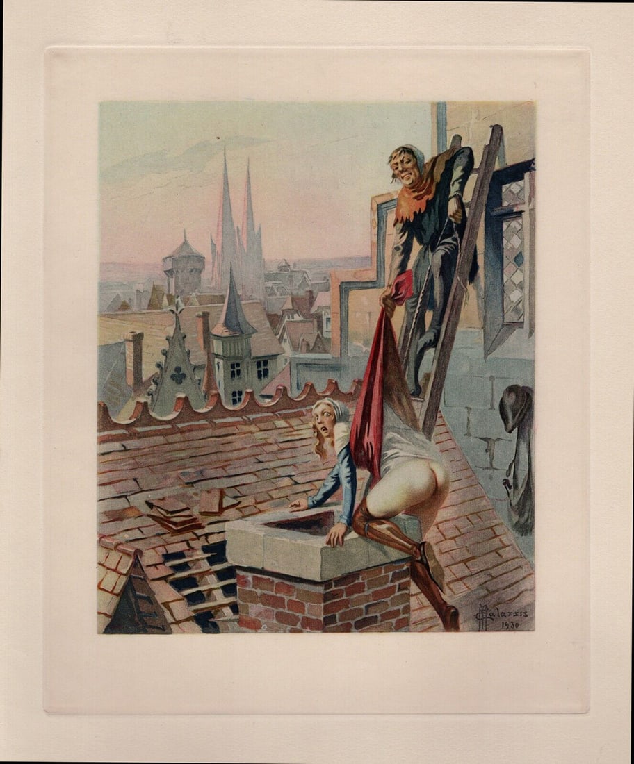 Limited EDMOND MALASSIS Engraving Roof Top Lovers Signed Framed: Edmond Malassis (French, 1874 - 1944). The Chimney Entrance (L'entrEe de la CheminEe II) (Cent Nouvelles Nouvelles). Vintage color engraving on Velin paper after the original by master engraver R. Lor