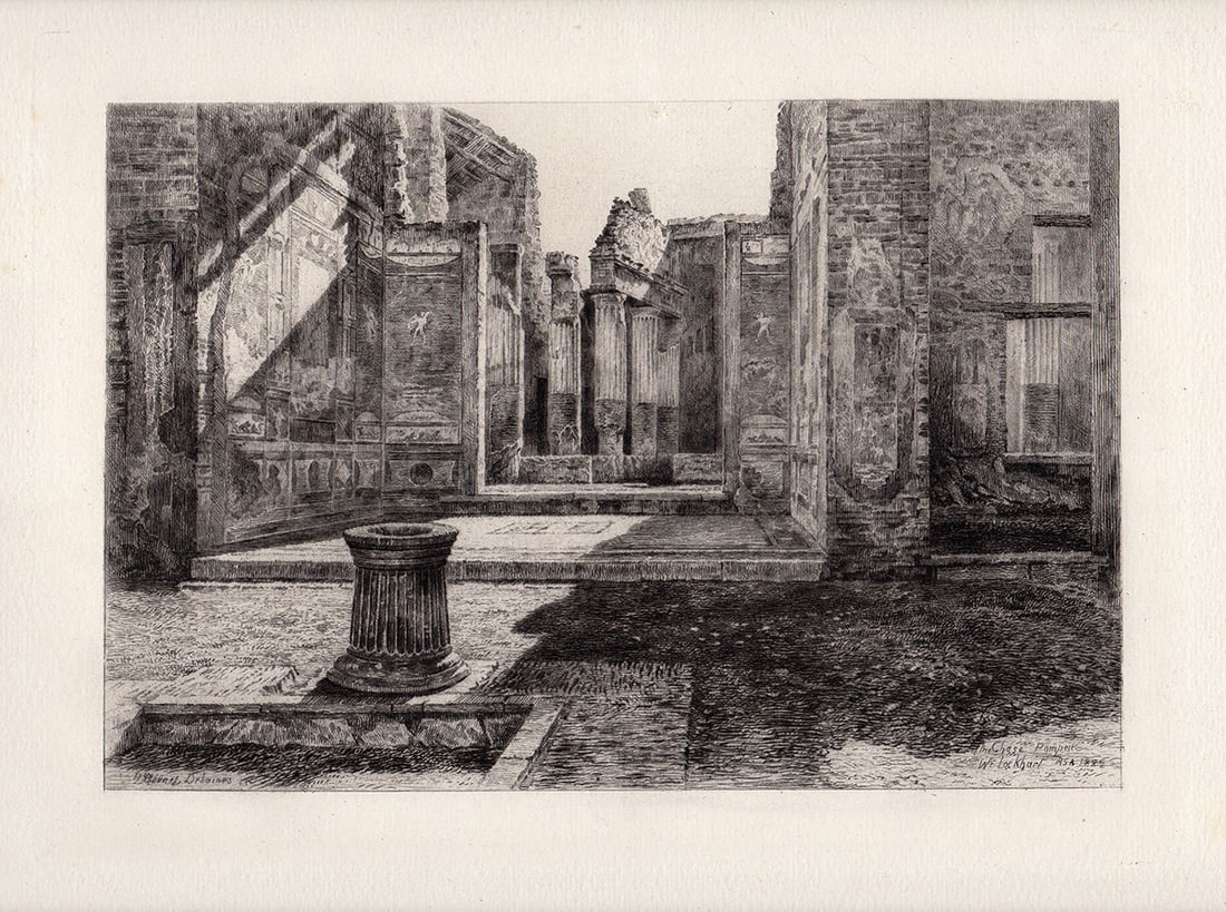 William Ewart Lockhart 1883 etching Pompeii signed: William Ewart Lockhart. (Scottish, 1846-1900). "The House of the Chase, Pompeii". Antique etching on thick laid paper after the original by master etcher Alfred Louis Brunet Debaines (1845-1939). 1883