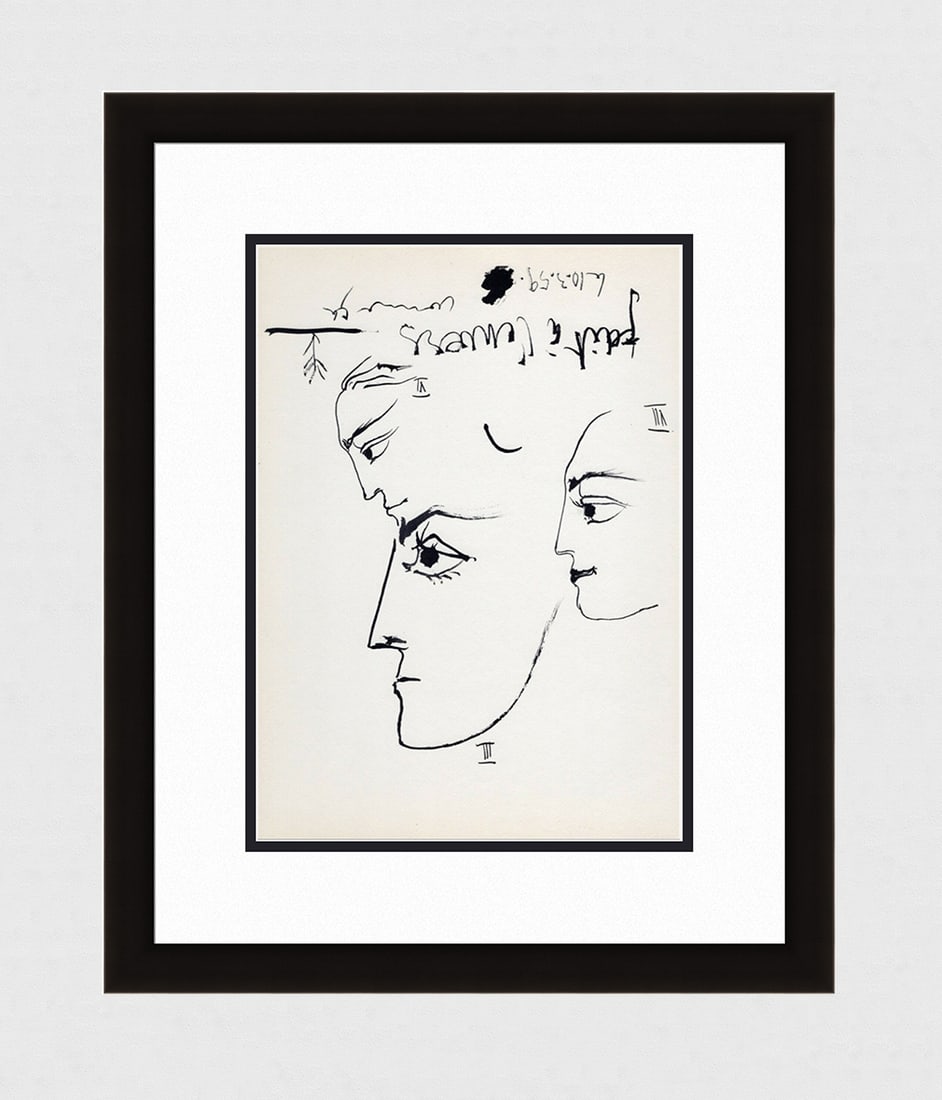 1961 PABLO PICASSO Vintage Lithograph Study FRAMED: Pablo Picasso (1881 - 1973). Face Study (Estudio de la cara). Black and white offset lithograph, on Arches paper, after the original sketch. Atelier Mourlot. Year: 1961. Signature/Dated: Dated in the 