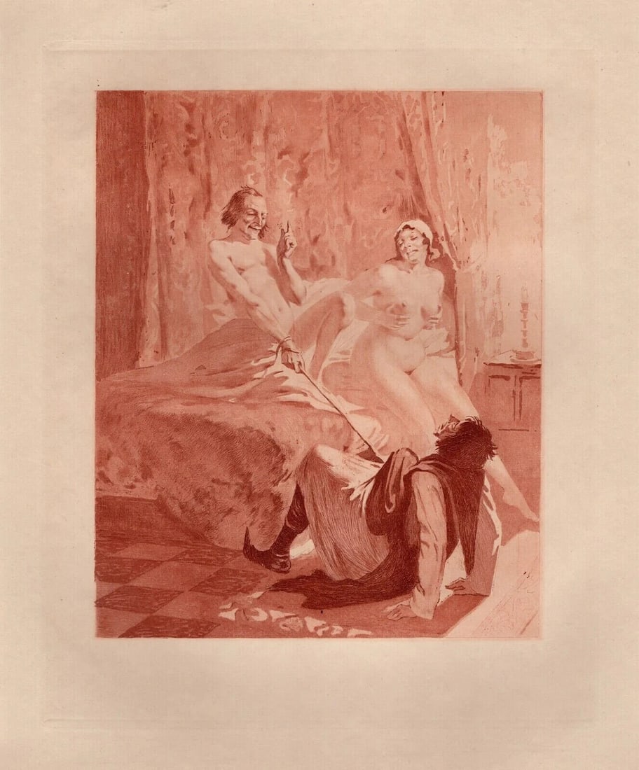 Edmond Malassis Nude Engraving Bedroom Fantasies Framed Limited Signed: Edmond Malassis (French, 1874 - 1944). Secrets in the Bedroom II (Secrets dans la Chambre II) (Cent Nouvelles Nouvelles). Vintage copper plate engraving in red ink on Velin paper after the original by