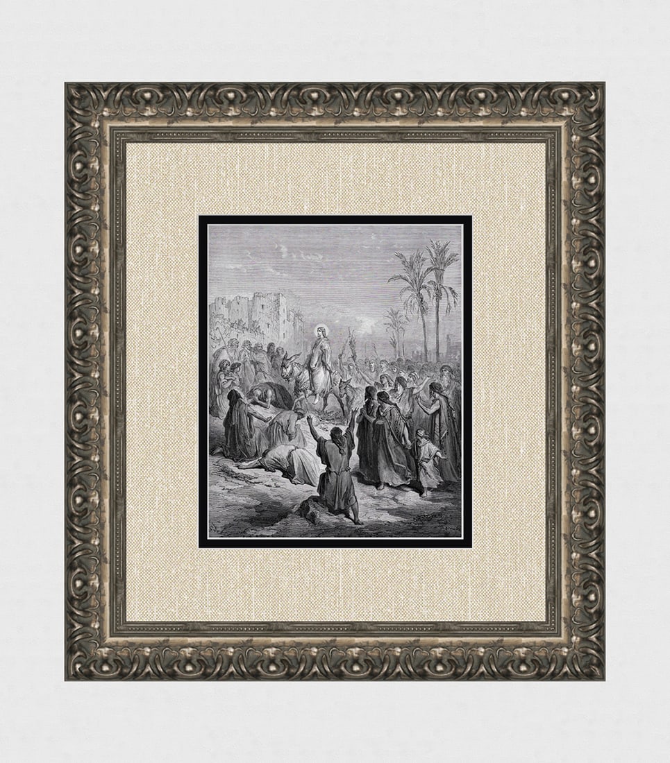 1800s Gustave Dore'S BIBLE Woodcut The Triumphal Entry FRAMED SIGNED: Gustave Dore (Paul Gustave Louis Christophe Dore) (French, 1832-1883). Entry of Jesus into Jerusalem (from Dore's Bible). Antique woodcut wove paper after the original by a master wood engraver A. Dem