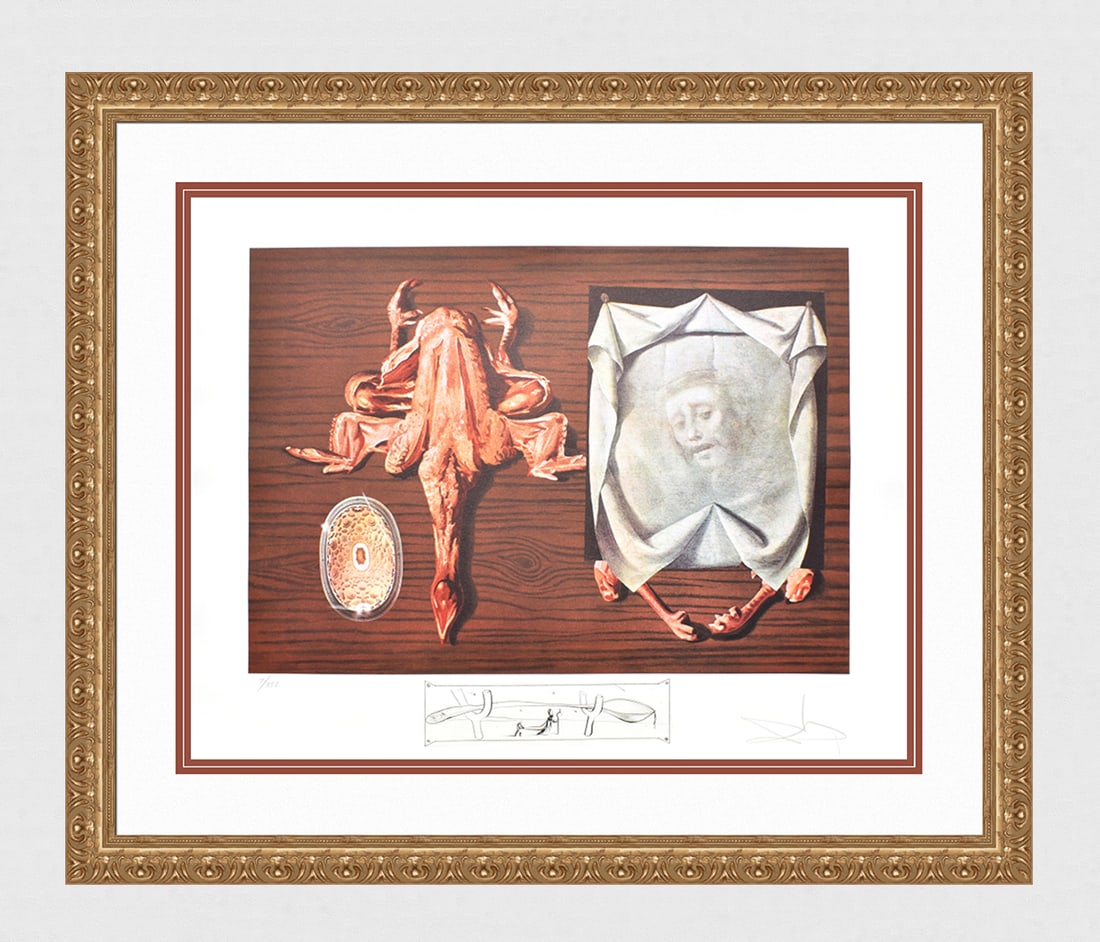Salvador Dali Lithograph Diners of Gala Signed Numbered Limited Framed: Salvador Dali. Les Spoutniks Astiques Elasticots Statistiques (Sputniks Polished by Statistical Maggots)(From Les Diners de Gala). Offset Lithograph in colors with Original Etched Remarque (Spoon on C