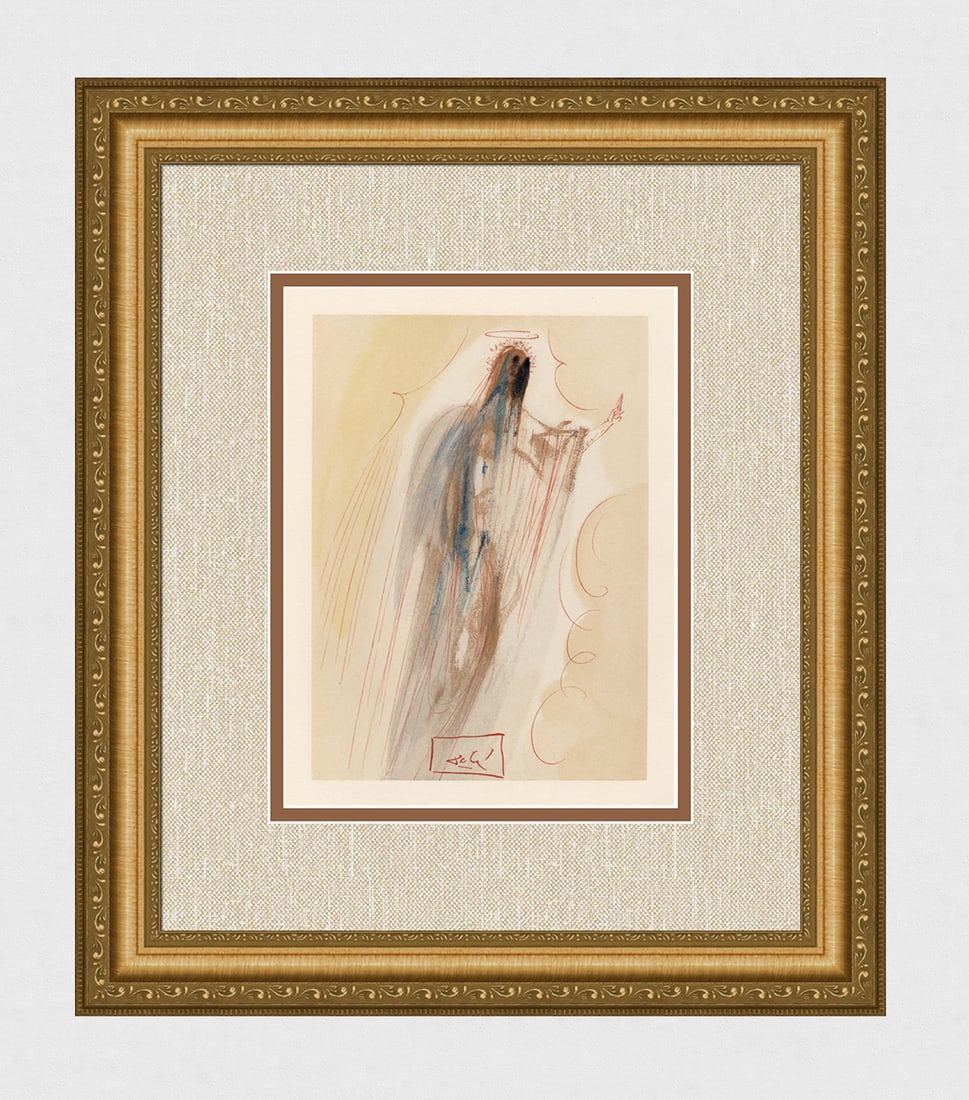 1960 Salvador Dali Creation Angels Woodcut Signed Framed: Salvador Dali. (1904-1989). "The Creation of Angels" Paradise Canto 29. Authentic Original Color Woodcut from The Divine Comedy Printed in 1960 on B.F.K. Rives Paper ( this is not a reproduction, copy