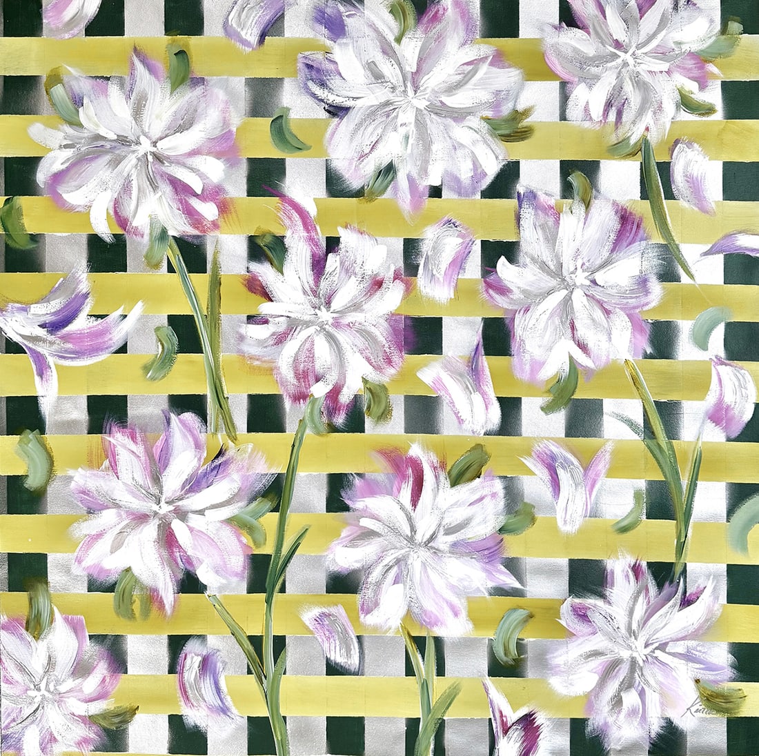 Kierra Maillette Original Painting Silver Lattice Bloom 36 x 36 inches: Kierra Maillette (1997 - ). Silver Lattice Bloom. Original Acrylic painting on canvas. Signed lower right. Canvas Size 36 x 36 inches. Kierra Maillette (1997 - ), born in Chicago, IL, has had a passio