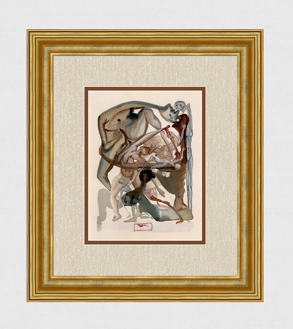 Salvador Dali Seventh Circle 1960 Woodcut Signed Framed: Salvador Dali. "On The Edge Of The Seventh Circle" Enferno Chant 11. Authentic Original Color Woodcut from The Divine Comedy Printed in 1960 on B.F.K. Rives Paper ( this is not a reproduction, copy, o