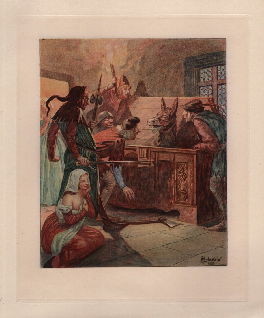 Edmond MALASSIS Engraving The Donkey Show FRAMED Signed Limited: Edmond Malassis (French, 1874 - 1944). Capturing the Donkey (Capturer l'?ne II) (Cent Nouvelles Nouvelles). Vintage color engraving on Velin paper after the original by master engraver R. Lorrain. Yea