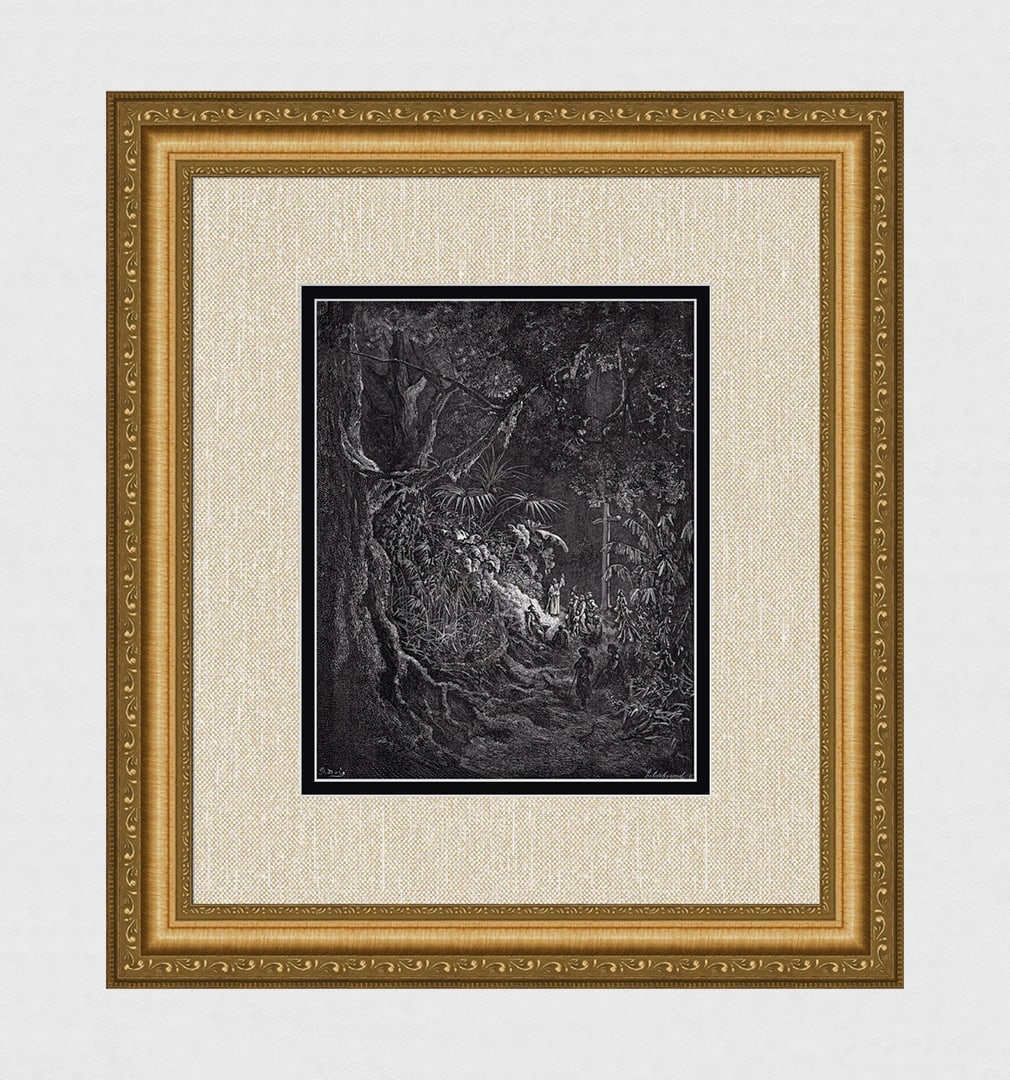 1800s SIGNED DORE Atala Woodcut "The Hermit Preaching In The Woods" FRAMED: Gustave Dore (Paul Gustave Louis Christophe Dore) (French, 1832-1883). The Hermit Preaching in the Woods (from Atala). Antique woodcut on wove paper after the original by master wood engraver Henri Th
