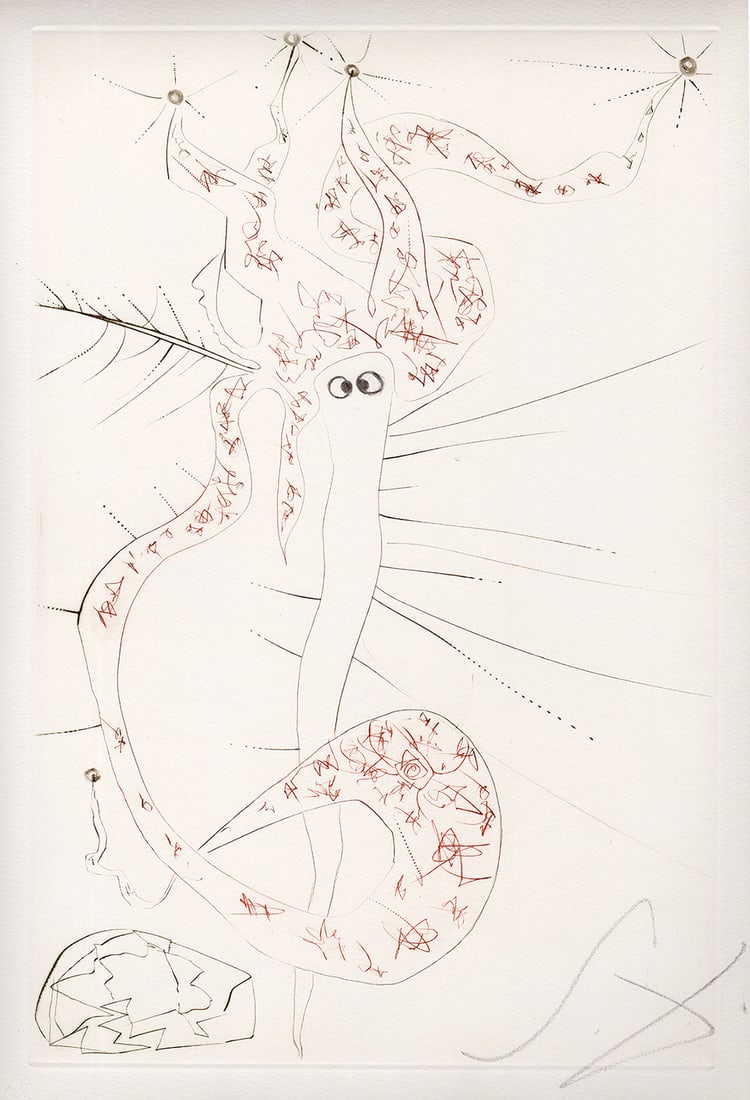 Salvador Dali Tristan Etching Signed Limited Framed: Salvador Dali. Tristan le Fou (Tristam the Mad). Original Color drypoint etching on Arches paper. Year: 1970. Hand Signed in pencil (Monogram) lower right. From the edition of 125. Blindstamp lower le