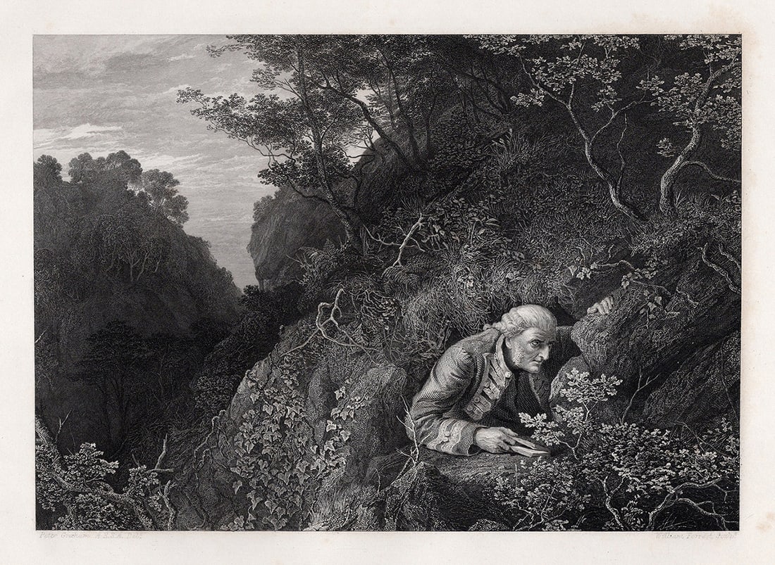 SIGNED Peter Graham 1800s Engraving Baron Bradwardine in Hiding FRAMED: Peter Graham (British, 1836-1921). Baron Bradwardine in Hiding. Antique engraving on wove paper engraved by a master engraver William Forrest (British, 1805-1899). Year: 1865. Image Size 7 1/8 x 9 7/8