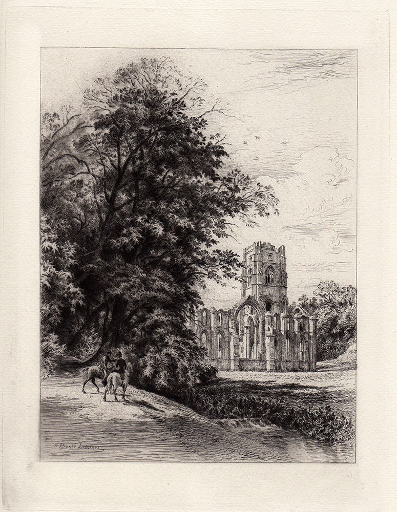 1882 Alfred Louis Brunet-Debaines Fountain's Abbey etching signed: Alfred Louis Brunet-Debaines (French, 1845-1939). "Fountain's Abbey". Antique etching on thick laid paper. 1882. Signed in the plate. Excellent. Image size 6 1/2 x 8 1/2 inches. Approximately 16 x 18 