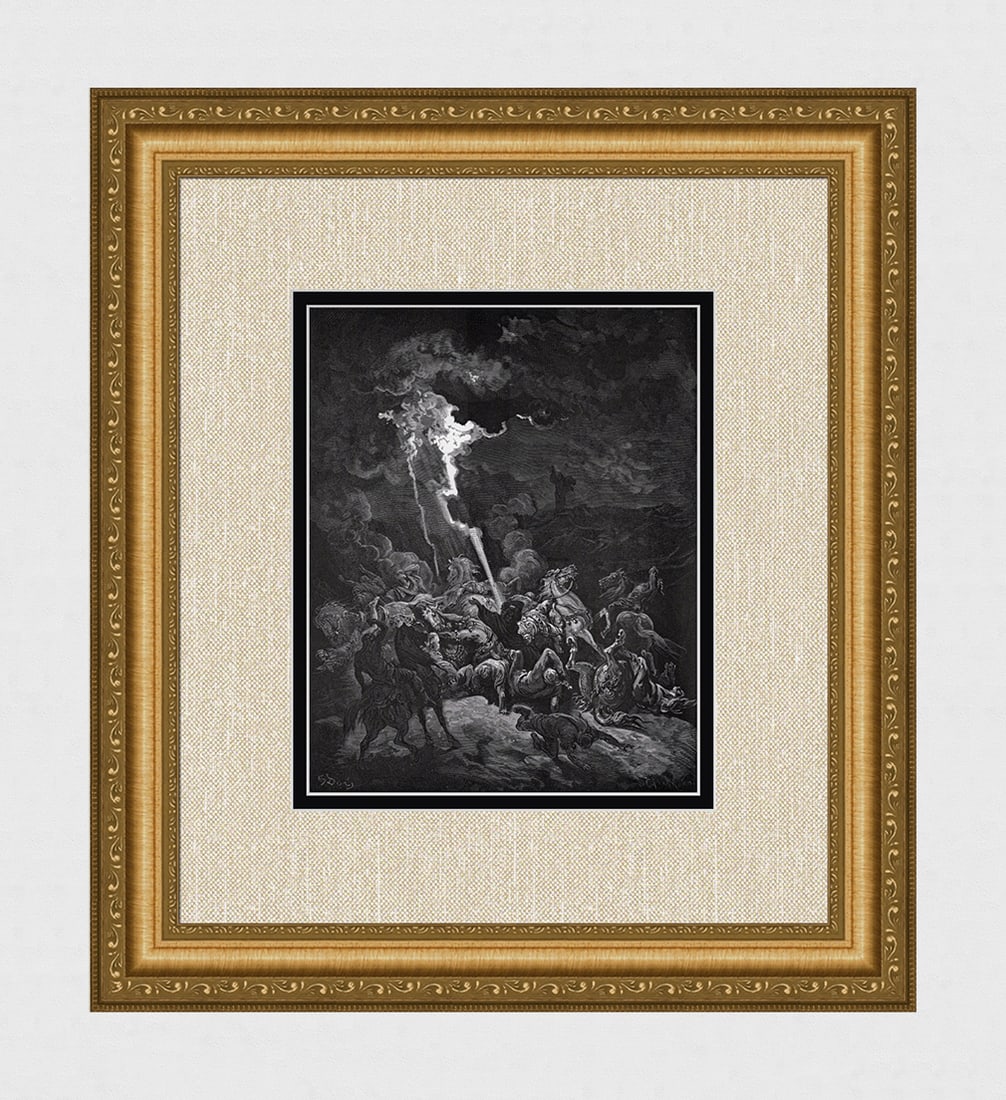 SIGNED 1800s Gustave Dore Religious Woodcut Elijah Denounces Ahaziah FRAMED: Gustave Dore (Paul Gustave Louis Christophe Dore) (French, 1832-1883). Elijah Destroys the Messengers of Ahaziah (From Dore's Bible). Antique woodcut wove paper after the original by a master wood eng