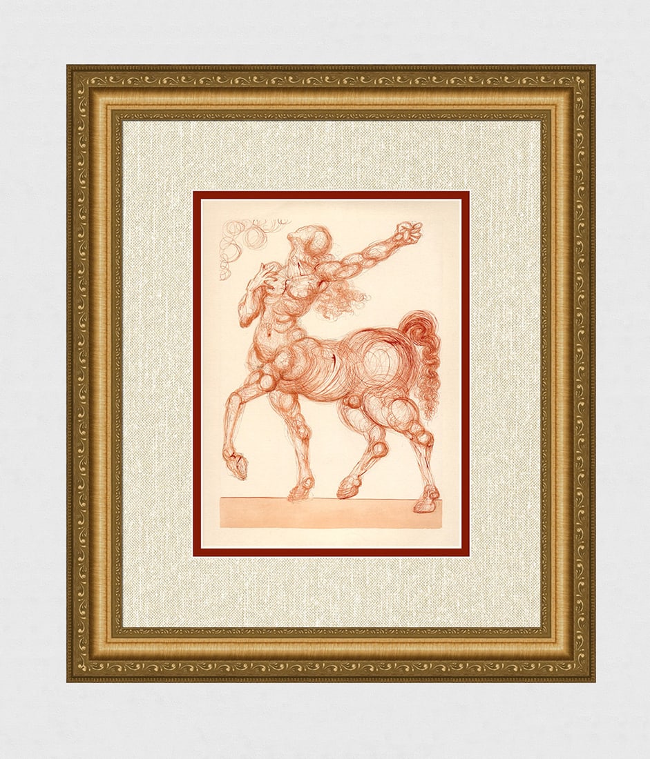 1960 Salvador Dali Centaur Authentic Woodcut: Salvador Dali. (1904-1989). "The Centaur" Enferno Canto 25 . Authentic Original Color Woodcut from The Divine Comedy Printed in 1960 on B.F.K. Rives Paper ( this is not a reproduction, copy, or reprin