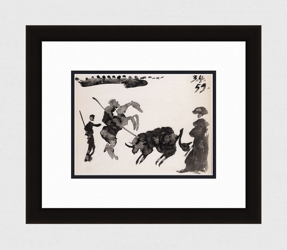 PABLO PICASSO 1961 Vintage Lithograph The Bullfight FRAMED: Pablo Picasso (1881 - 1973). The Bullfight (La Corrida de Toros). Black and white offset lithograph, on Arches paper, after the original sketch. Atelier Mourlot. Year: 1961. Signature/Dated: Dated in 