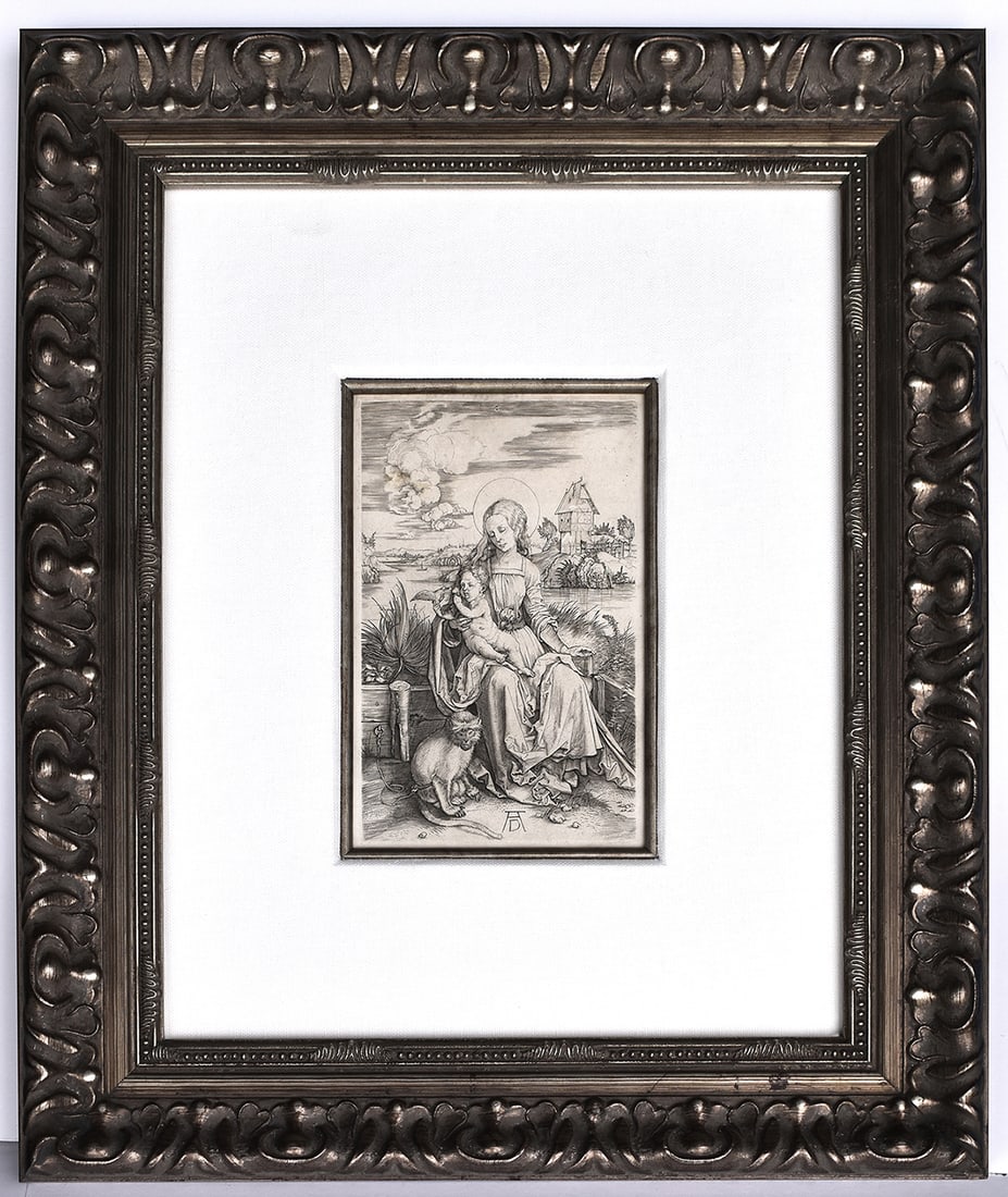 Albrecht Durer Engraving Virgin and Child With Monkey Framed: Albrecht Durer (1471 - 1528). The Virgin and Child with the Monkey. Antique copper plate engraving on laid paper. A good impression of the last state with the plate hole in the clouds, small margins. 