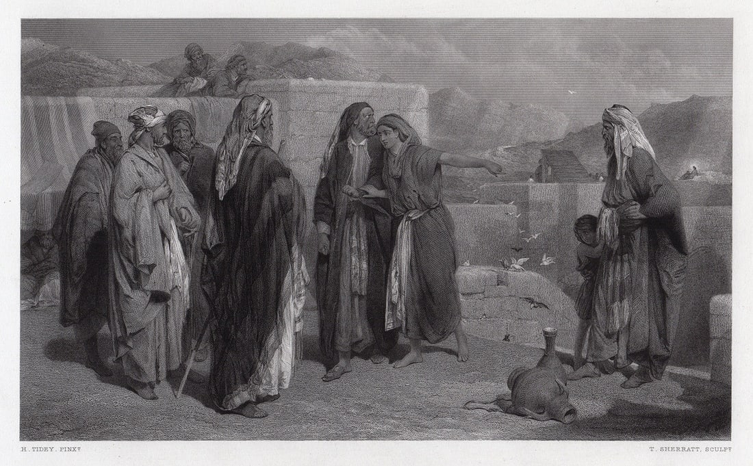 Henry Tidey The Woman of Samaria 1872 engraving: Henry Tidey. (English, 1814 - 1872). The Woman of Samaria. Antique Engraving on wove paper after the original by master engraver Thomas H. Sherratt (London, active, 1850 - 1865). 1872. Signed in the p