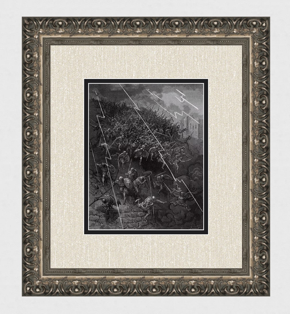 DORE 1800s Orlando Furioso Woodcut The storming of Bizerte Framed Signed: Gustave Dore (Paul Gustave Louis Christophe Dore )(French, 1832-1883). The storming of Bizerte (From Orlando Furioso). Antique woodcut on wove paper after the original Illustration by master wood engr