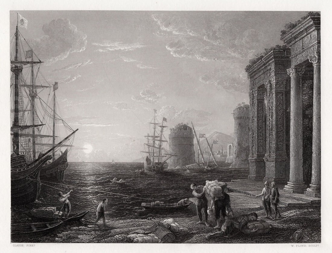 1800s Claude LORRAIN Engraving The Sea Port SIGNED Framed: Claude Lorrain (born Claude Gelle traditionally just Claude in english) (French, c. 1600-23-1682). The Sea Port. Antique engraving on wove paper after the original by master engraver William Floyd (Br