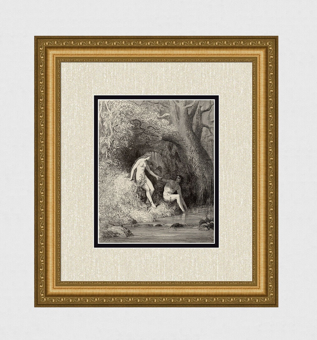 Gustave Dore Adam & Eve (Milton's Paradise Lost) c. 1880 Wood Engraving Signed Framed: Gustave Dore. Adam & Eve (Milton's Paradise Lost). Antique Wood Engraving wove paper after the original by master wood engraver Felix Jean Gauchard (French, 1825-1872). c. 1880. Signed in the plate, l