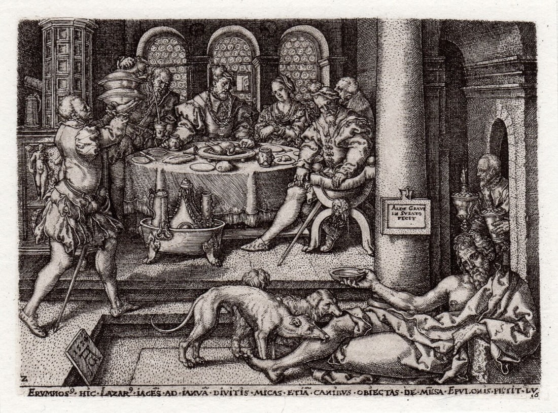 Heinrich Aldegrever or Aldegraf Dives and Lazarus, Lazarus at the Rich Man's Gate from The Parable: Heinrich Aldegrever or Aldegraf. (German, 1502-1555). Dives and Lazarus, Lazarus at the Rich Man's Gate from The Parable of the Rich Man and Lazarus. Antique engraving on laid paper after the original