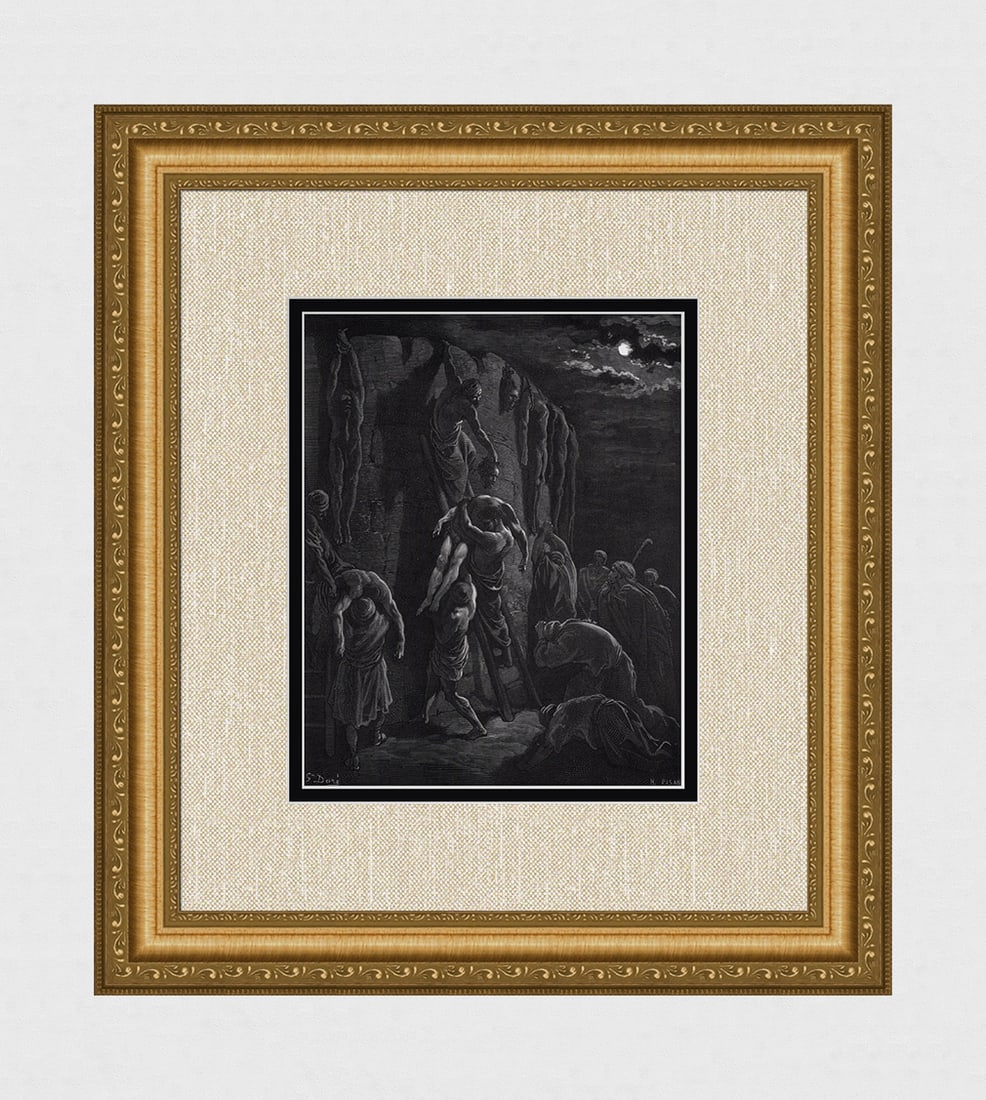 SIGNED 1800s DORE Religious Woodcut Jabesh-gilead's Tribute to Saul FRAMED: Gustave Dore (Paul Gustave Louis Christophe Dore) (French, 1832-1883). Jabesh-Gileadites recover the Bodies of Saul and his Sons (From Dore's Bible). Antique woodcut wove paper after the original by a