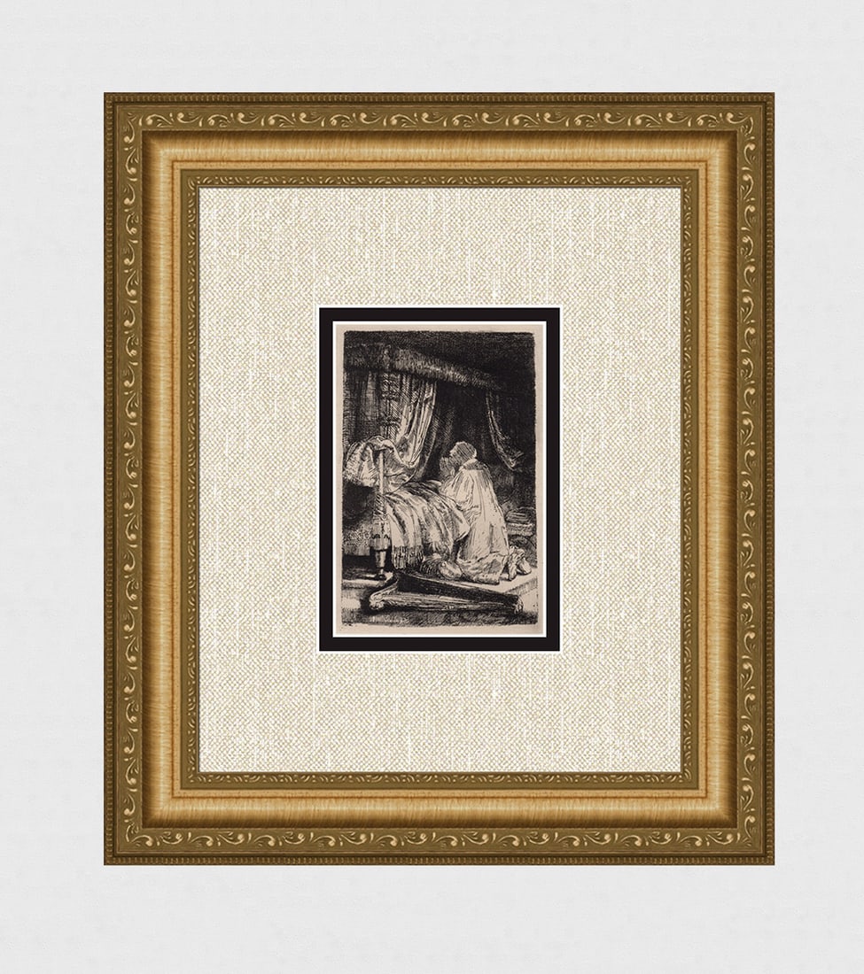 1800s REMBRANDT B41 Etching SIGNED David in Prayer Durand: After Rembrandt Harmenszoon Van Rijn (1606-1669). Title: David in Prayer. Medium: Antique hand pulled copper plate etching on laid paper after the original by master etcher Amand Durand (1831 - 1905).